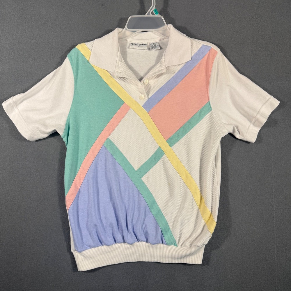 Alfred Dunner Polo Shirt Womens S White Pastel Colorblock Geometric Banded Hem